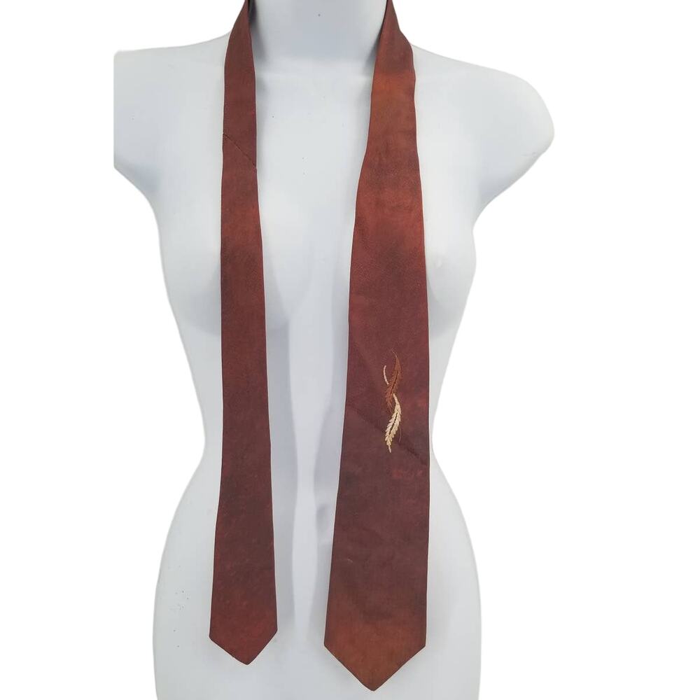 Vintage Mens Neck Tie 52" Reddish Brown Ombre Embroidered Feathers FLAME WIDE